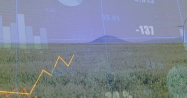 Veri örtüsü görünüyor, sarı çizgi tırmanıyor ve yükseliyor, parmaklıklar yükseliyor, yenilenebilir enerji eğilimlerini gösteriyor. Çayır, alan, ufuk, rüzgar, türbinler, görselleştirme, ızgara