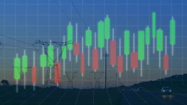 Candlestick grafiği alacakaranlık kuleleri üzerinde beliriyor mumlar canlanıyor canlı şebeke verilerini gösteriyor. Altyapı, otoyol, kırsal, alacakaranlık, kaplama, sütunlar, iletim