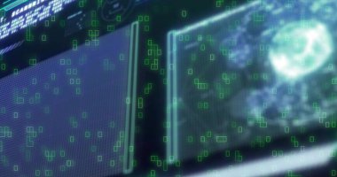 Konsolda iki panel görünüyor, dikey ayırıcı, mavi ya da bulutsu gezegen, yeşil kutular, beyaz bant. Fütürist, arayüz, ekran, üst üste bindirmeler, analitik, izleme, dijital