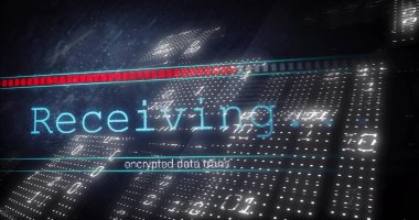 Ağ HUD üzerinde büyük cyan HUD alıcıları gösteriliyor, ilerleme çubuğu ve şifrelenmiş veri izi gösteriliyor. Neon, arayüz, gösterge paneli, matris, ızgara, şifre, ikili