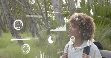 Açık renk kapüşonlu, siyah sırt çantalı, AR 'ı izleyen, fotokopi çeken bir kadın. Orman, patika, tepe örtüsü, açık hava, doğa, yeşillik, veri