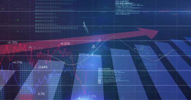 Finans grafiği yukarı doğru kırmızı ok, çizgi grafikleri, çizgiler, etiketler ile koyu mavi gradyanı gösteriyor. Kontrol paneli, analitik, stok, veri, görselleştirme, büyüme, ızgara