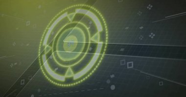 Titreşimli kireç dairesel HUD yayıyor ve eğimli ızgara boyunca taramalar gösteriyor ki 34. Neon, yeşil, geleceksel, arayüz, görüntü, dijital, veri