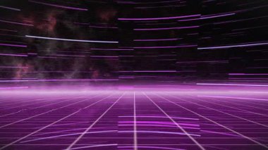 Neon şebekesi ve yatay çubuklar yer değiştiriyor ve sonra ufuk darbeleri sentetik dalgaları çağrıştırıyor. Siber uzay, retrofuturizm, vhs, bozulma, gürültü, dijital, parlaklık