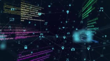 Kamera ileri ve geri gidiyor, kod panelleri kayıyor, simgeler titreşiyor, daha yoğun ağ ortaya çıkıyor. Siber uzay, parallaks, parıltı, kabartmalar, parçacıklar, devreler, holografik