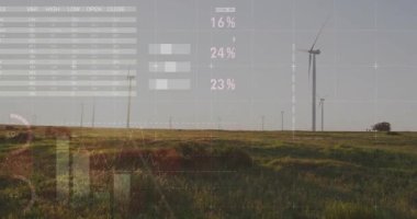 Sağ türbin üzerinde kaybolan HUD kaplamaları başlatan ilk çerçeveler, grafikler çıktıyı gösteriyor gibi görünüyor. Rüzgâr çiftliği, rüzgar, manzara, ufuk, yenilenebilir enerji, kırsal