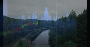 Hava nehri görüntüsü finansman örtüşmesini gösteriyor, mumlar yükseliyor, dalgaların titreşimi eğilimi gösteriyor. Orman, vadi, tepe örtüsü, bulutlu, şebeke, grafik, veri