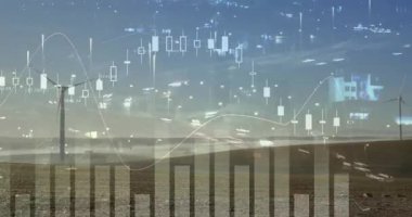 Veri kenesi varış çizelgesi düz çubuklar üzerinde güncelleniyor ve mumlar pazar değişimini gösteren eğilimi değiştiriyor. Çöl, rüzgâr tarlası, ufuk, türbinler, örtüler, histogram, şamdanlar.