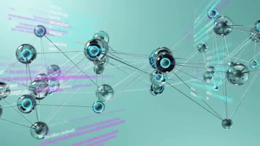 Kamera tavası metalik ağın sağa doğru kaymasını sağlıyor. Cyan mor kod görselleştirici verileri kaydırıyor. Küreler, çubuklar, teknoloji, 3D, holografik, parallaks, fütüristik