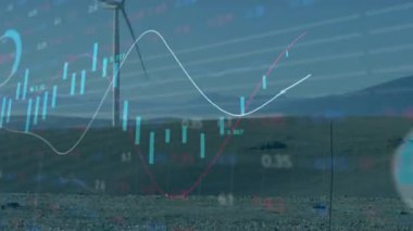 Veri beslemesi geliyor, rüzgar türbini üzerinde hareketlilik oluşturuyor, enerji eğilimlerini gösteren çubuklar yükseliyor. Yenilenebilir, görselleştirme, analitik, kuraklık, manzara, sürdürülebilirlik, neon