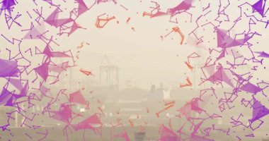 Başlangıçta sabit jeneratif ağ içe doğru büyüyerek endüstriyel sis üzerinde dairesel çerçeveyi şekillendirir. Ağ, geometri, halka, parçacıklar, şehir, ufuk çizgisi, sis