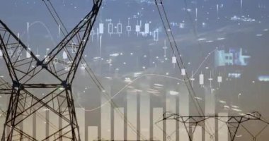 Yumuşak kaplama göründüğünde, güç kuleleri ortalanırken grafikler sağa kayar ve ızgara verilerini gösterir. Sütunlar, kafesler, iletim, kablolar, endüstriyel, alacakaranlık, şehir manzarası