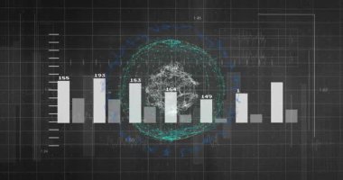 Veri atımı başlatılıyor, holografik küre, analitik değerler için hareket eden çubuklar arasında dönüp duruyor. Küre, histogram, ızgara, torpido, deniz mavisi, neon, fütürist