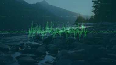 Akşam karanlığında kıyıda titreşen yeşil dalga biçimi ses başlangıcında büyüyor ve ses belirterek uzaklaşıyor. Görselleştirme, göl kenarı, dağlar, siluet, çubuklar, parçacıklar, üst üste
