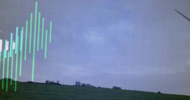 Sol çubuklar görünüyor, sürücü çizelgesi yükseliyor, değişirken türbin güç için sağa giriyor, dönüyor. Yel değirmeni, çayır, ufuk, manzara, bulutlu, ızgara, görselleştirme