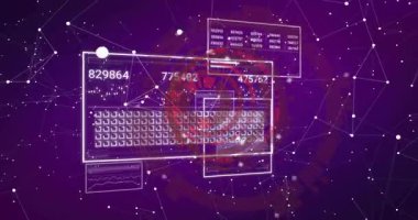 Central rectangles emerging, HUD expanding, counters updating, panels sliding, showing data flow. Dashboard, interface, network, mesh, widgets, charts, translucent