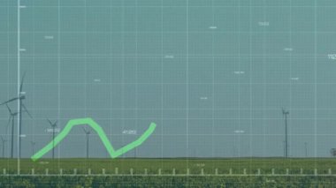 Oynatmada, yeşil polihat çizelgesi ızgara ve türbinlerin üzerinde yukarı ve sağa hareket ediyor, güç artışını gösteriyor. Windfarm, kırsal, peyzaj, pastoral, analitik, trend çizgisi, kaplama
