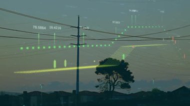 Alacakaranlık başlıyor, kuleler sağa kayarken tablolar süzülüyor ve pazar eğilimlerini haritalıyor. Sütunlar, iletim, siluet, alacakaranlık, ufuk, ızgara, altyapı
