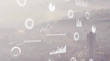 Veri beslemesi gelen veriler titreşen görüntülerle örtüşüyor, şehir verilerini bulanıklık üzerinde görselleştirmek için grafikler çiziyor. Kentsel, analitik, gösterge panelleri, parallax, kuleler, çatılar, minimalist