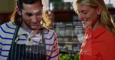 Tedarikçi sepeti tutuyor, alıcı ürünleri piyasada seçiyor, holografik çizelgeler gösteriyor, kamera zumluyor. Bakkal, müşteri, alışveriş, mağaza, sayaç, veri, analiz