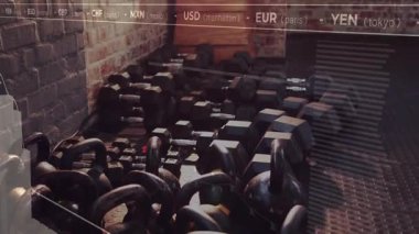 Kamera geri çekilirken, animasyon para birimi grafikleri görselleştirilirken ağırlıkları açığa çıkarıyor. Dambıl, dambıl, dambıl, spor salonu, tuğla duvar, kontrplak, endüstriyel