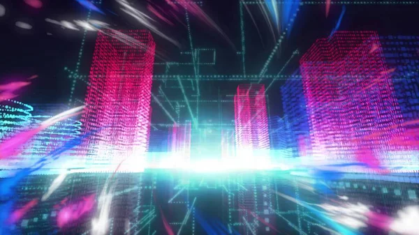 Neon 3D şehir manzarasında teknoloji teması için renkli ışık yolları ve parıldayan şebekeler yer alıyor. Fütürist, siber punk, dijital, soyut, enerjik, yüksek teknoloji, ufuk çizgisi