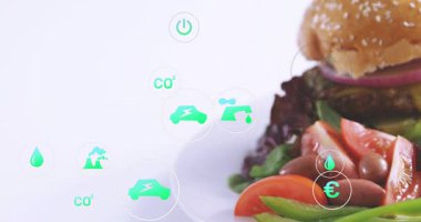 Soldan yüzen turkuaz simgeler, içeri giren kameralar hamburgerleri gösteriyor, çarpışmayı not alıyor. Yakın plan, tabak, patates kızartması, salata, veri, sürdürülebilirlik, Highkey