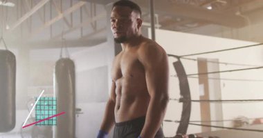 Erkek boksör başlangıçta spor salonunda duruyor, veri tabloları alt yarı izleme ölçümlerini kaplıyor. Yüzük, torba, atlet, odaklanma, eğitim, büyüme, neon