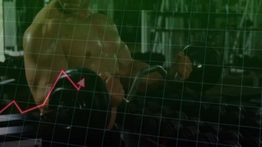 Erkek kaldırıcı, spor salonunda kıvırcık performans sergiliyor. Kırmızı çizelge senkronize kaldırışlar kazancı gösteriyor. Ağırlık, güç, kas, atlet, antrenman, ağırlık, halter