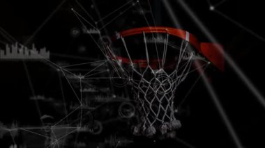 Kırmızı çember ve ağ kayıyor, top girdikten sonra sallanıyor, HUD vuruşları gösteriyor. Hoop, basketbol, dataviz, ağlar, diyagramlar, çizelgeler, parlak