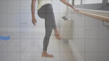 Dansçının bara ayak basması şebeke çizgisi örtüsüne neden oluyor. Dönüyor ve zindelik için bacağını uzatıyor. Denge, esneklik, hareket, stüdyo, doğal, hafif, yalınayak