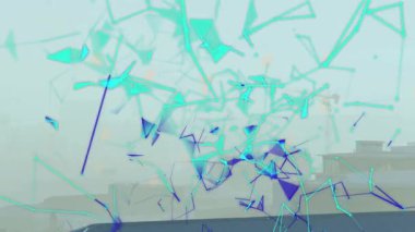 Tavan kenarında oluşan küme, yayılan, dönen, kameraya doğru genişleyen, derinliği gösteren parçalar. Tel çerçeve, çokgen, ağ, neon, fütüristik, kentsel, ufuk çizgisi