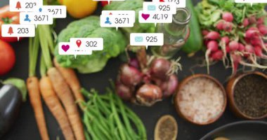 Rozetler alarmda, düz-yayılmış ürünlere yayılıyor, nişan değerlerini göstermek için kümeleniyorlar. Sebzeler, genel giderler, mutfak, karanlık, minimalist, canlı, doku