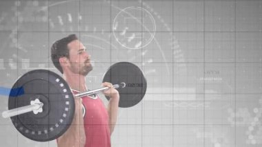 Erkek kaldırıcı destek çubuğunu yukarı itiyor ve fitness testi için alçaltıyor, HUD animasyon. Halter, halter, stüdyo, atlet, hareket, kaplama, ızgara