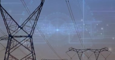 Kamera, yüksek çözünürlüklü atımları geri çekiyor, güç hatları ve kule haritalama ızgaraları boyunca düğümleri hizalıyor. Sütunlar, kablolar, alacakaranlık, siluet, fütüristik, endüstriyel, altyapı