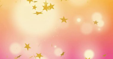 Başlangıçta küçük yıldızlar tepede belirir, altın yıldızlar düşer, döner, sürüklenir, sıcak bir zemin oluşturur. Konfeti, ışıltı, bokeh, gradyan, hareket, şenlik, soyut
