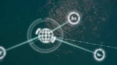 Küre simgesi görünen düğümler birleşerek ve genişleyen çizgiler oluşturarak okyanus üzerinde veri akışını gösteriyor. Ağ, ağ, hava, bilgi, kabartmalar, dijital, deniz mavisi