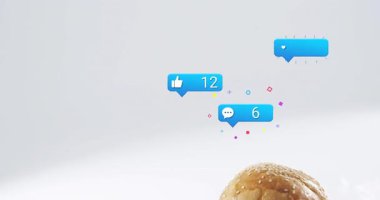 Mavi rozet takılıyor, susamlı burger yükseliyor, rozetler havada uçuşuyor, patates kızartması pişiriliyor, ürünleri gösteriyor. Stüdyo, minimalist, flatlay, köfte, peynir, marul, domates