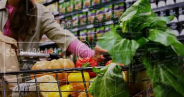 Kadın alışverişi, kırmızı bibere uzanmak, market koridorunda el arabası itmek, insan kaynakları analizi. Süpermarket, alışveriş, üretim, sebze, yeşillik, ekmek, torba