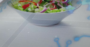 Frame shifting upward, camera moving out, salad bowl showcasing ingredients, blue icons sliding. Ceramic, dish, greens, tomato, pepper, onion, fresh