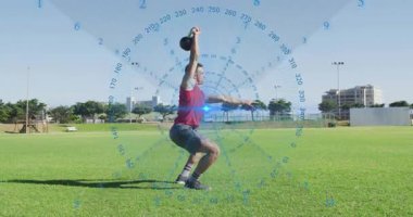 Man starting squat, driving hip, doing kettlebell swings for fitness with radial blue overlay. Athletic, outdoor, strength, training, field, grass, focus