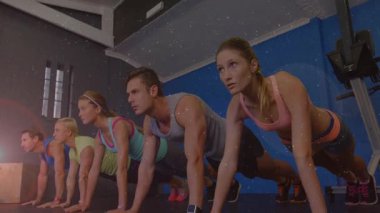 Beş öğrenci koça cevap veriyor, paspasın üzerinde tahtayı tutuyor, fitness eğitimi için hizada kalıyorlar. Grup, spor, egzersiz, güç, dayanıklılık, çekirdek, takım çalışması