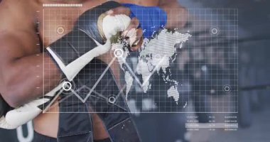 Erkek boksör, spor hazırlıkları için eldiven askısı, HUD haritası ve eldiven kaplama grafiği. Sporcu, boksör, ring, spor salonu, sargı bezi, eğitim, odaklanma