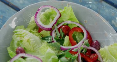 AR overlay fading in, scanning white bowl with fresh salad while camera zooming and showing data. Overhead, greens, vegetables, tabletop, blue, digital, geometric