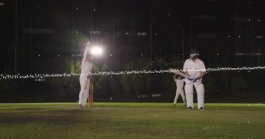 Floodlit kriket bovling vurucusu tutucu tutucu çekici veri aktarıcıları yakalıyor. Gece, açık hava, yer, çimen, ışıklar, kutlama, takım çalışması