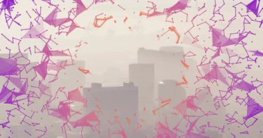 Parçacık ağı kenarlarda beliriyor, yakınlaşıyor ve halka oluşturuyor, puslu ufuk çizgisi kulelerini ortaya çıkarıyor. Çember, neon, sis, kentsel, şehir manzarası, hareket, fütüristik