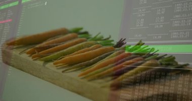 Yarı saydam kaplama bir saniye sonra kayıyor, havuçları kaplarken el hareket ediyor, verileri gösteriyor. Sebzeler, çok renkli, tahta, masa üstü, dijital arayüz, ızgara