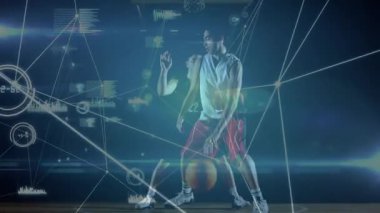 Hücum oyuncusu salya akıtıyor, numara yapıyor, araba sürüyor, atış için yükseliyor, spor HUD ışıklandırma yolları. Basketbol, saha, basket, crossover, pivot, motion, overlay