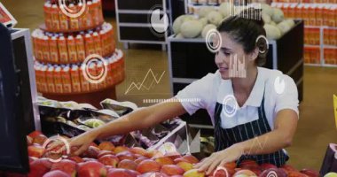 Kadın market tezgahtarı ekran dışı çağrıya cevap veriyor, HUD izleme cihazıyla elmaları satılığa çıkarıyor. Meyve, üretim, pazar, organizasyon, teftiş, perakende, neşeli