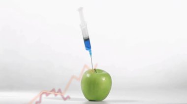 Şırınga alçalıyor ve yeşil elmaya mavi sıvı enjekte ediyor. Test verilerini gösteren grafikler yükseliyor. Meyve, iğne, delik, gövde, kaplama, çizgi, grafik